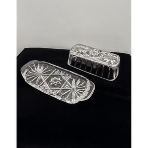Vintage Clear Cut Glass Butter Dish Starburst Pattern Rectangular 2 Piece